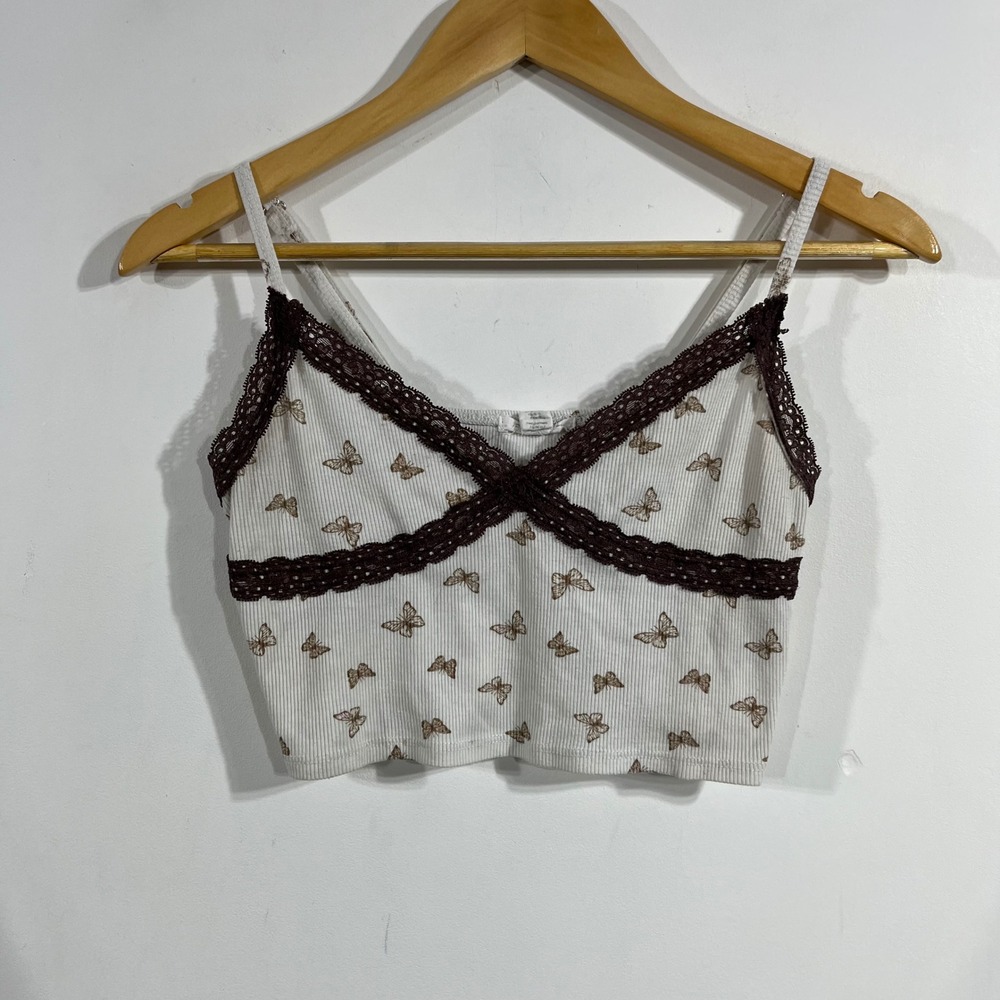 Full Tilt Y2K Babydoll Butterfly Print Lace Trim Ribbed Crop Cami Top Medium 90s